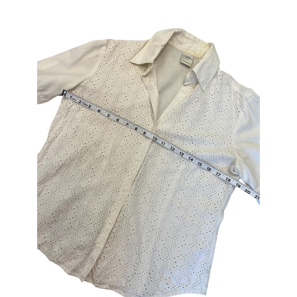 VINTAGE Cream Eyelet Lace Button Up Short Sleeve Collared Shirt S - Picture 5 of 7